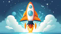 一个欢快的卡通火箭在天空中飞行，火箭侧面印有 OrangeWebsite 字样，象征着快速、安全的托管体验。